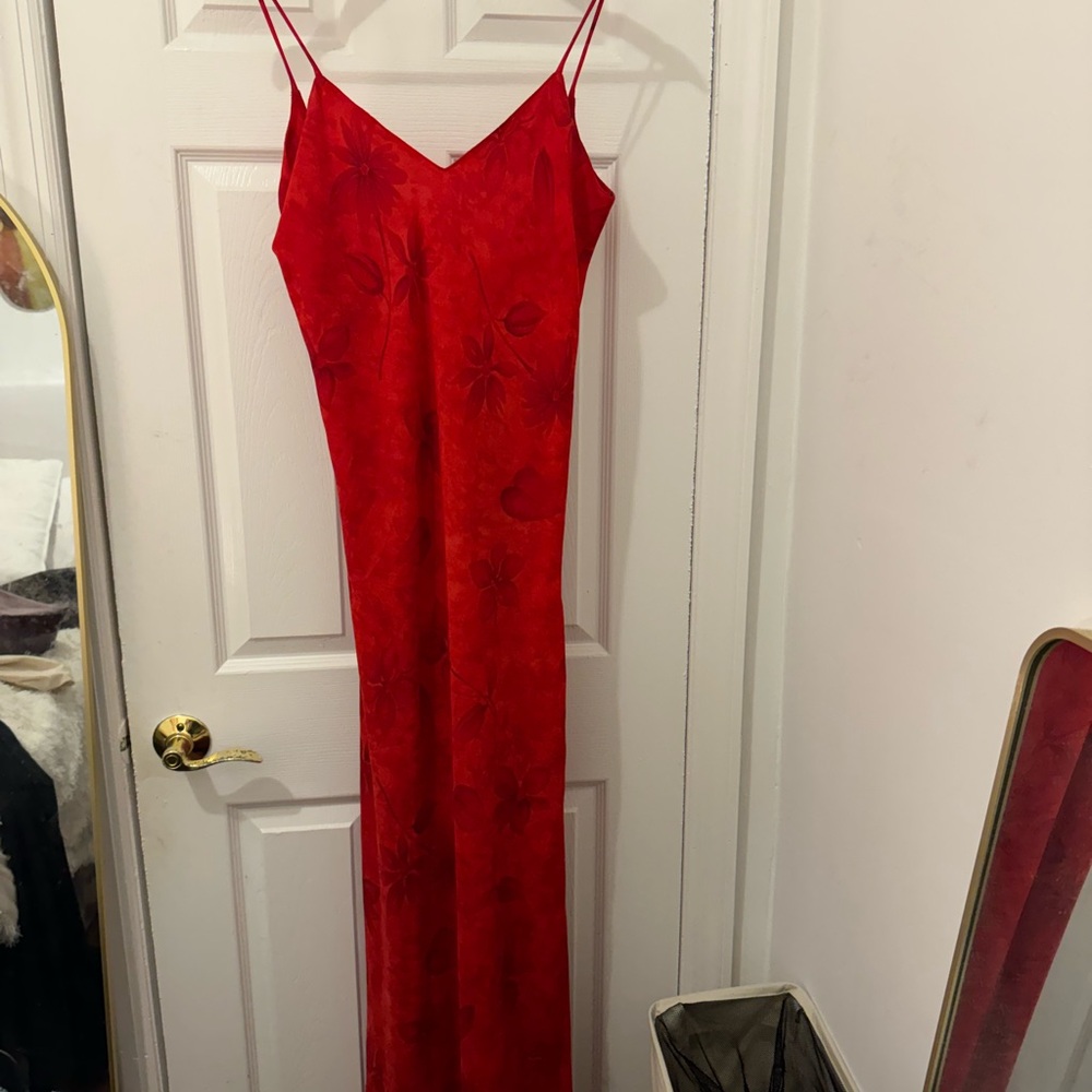 Vintage Red flower backless Slip maxi Dress